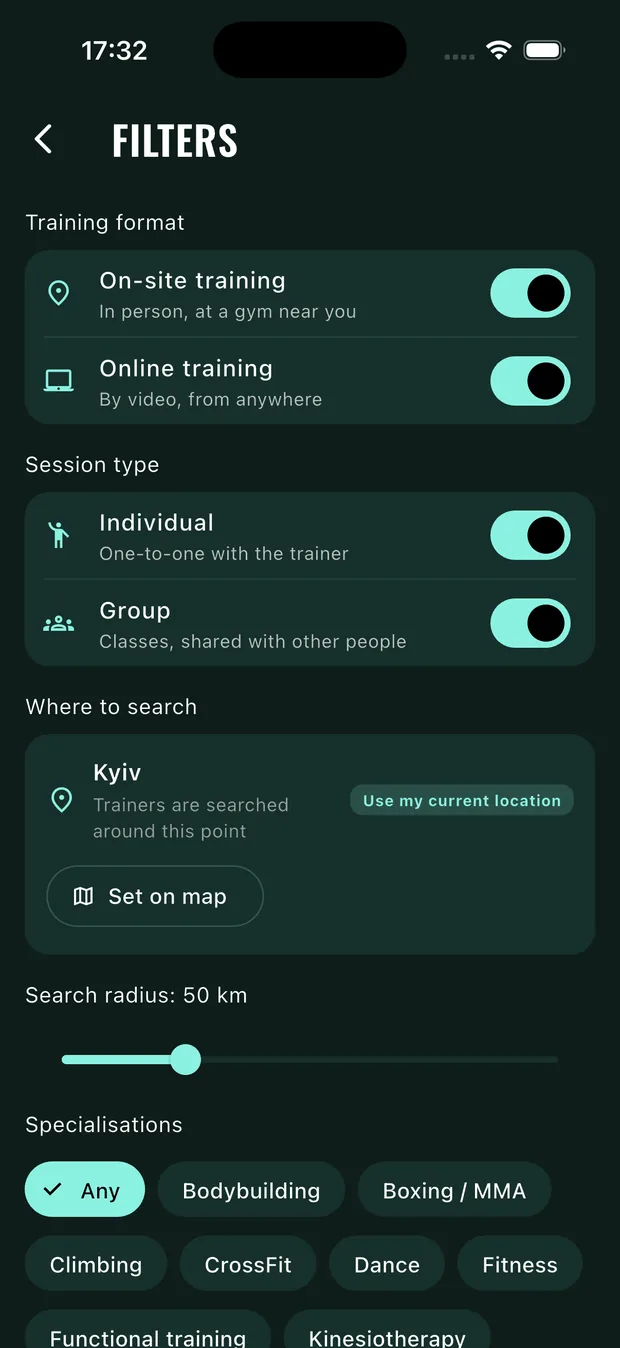Fitkolo search filters: format, session type, radius and specialties