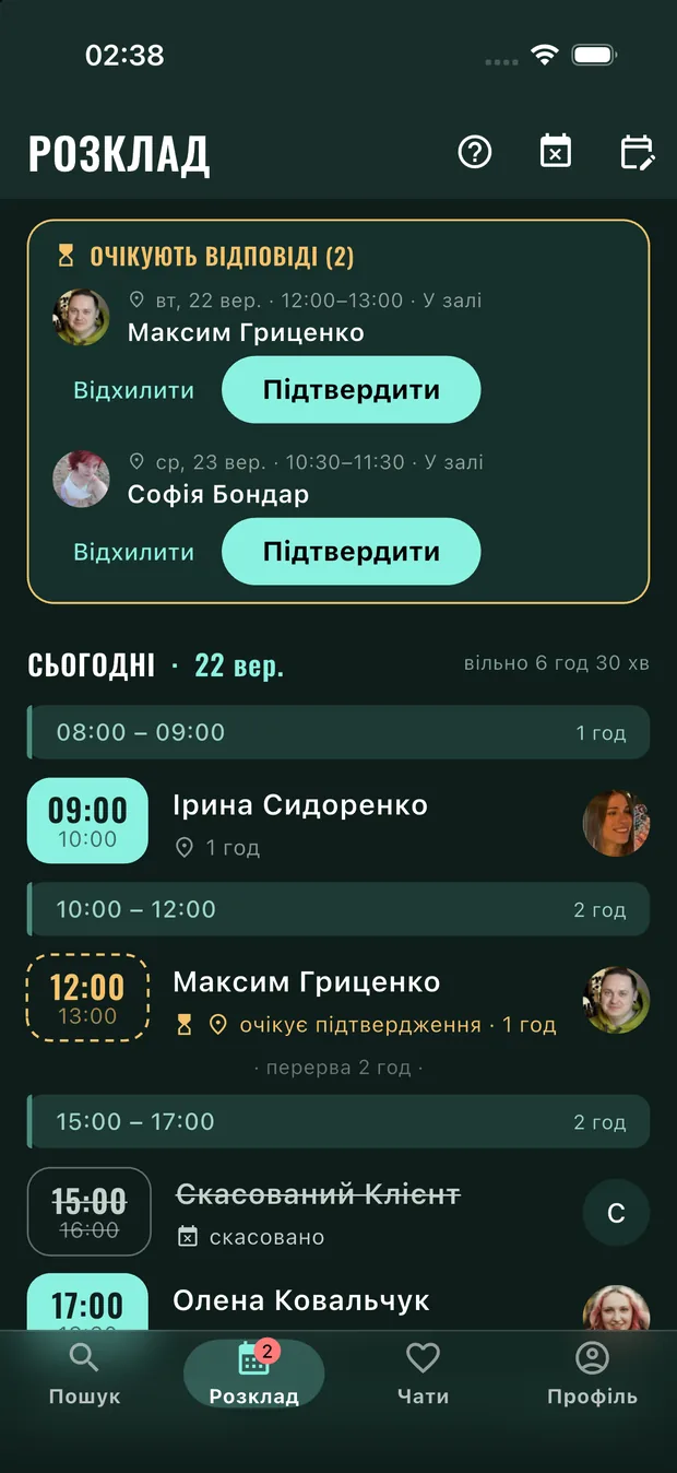 Розклад тренера із запитами, що очікують, і вільними годинами