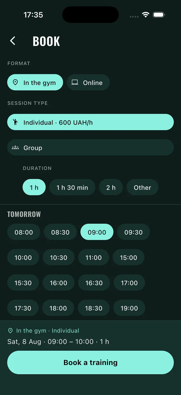 Choosing a session time from the trainer's free hours
