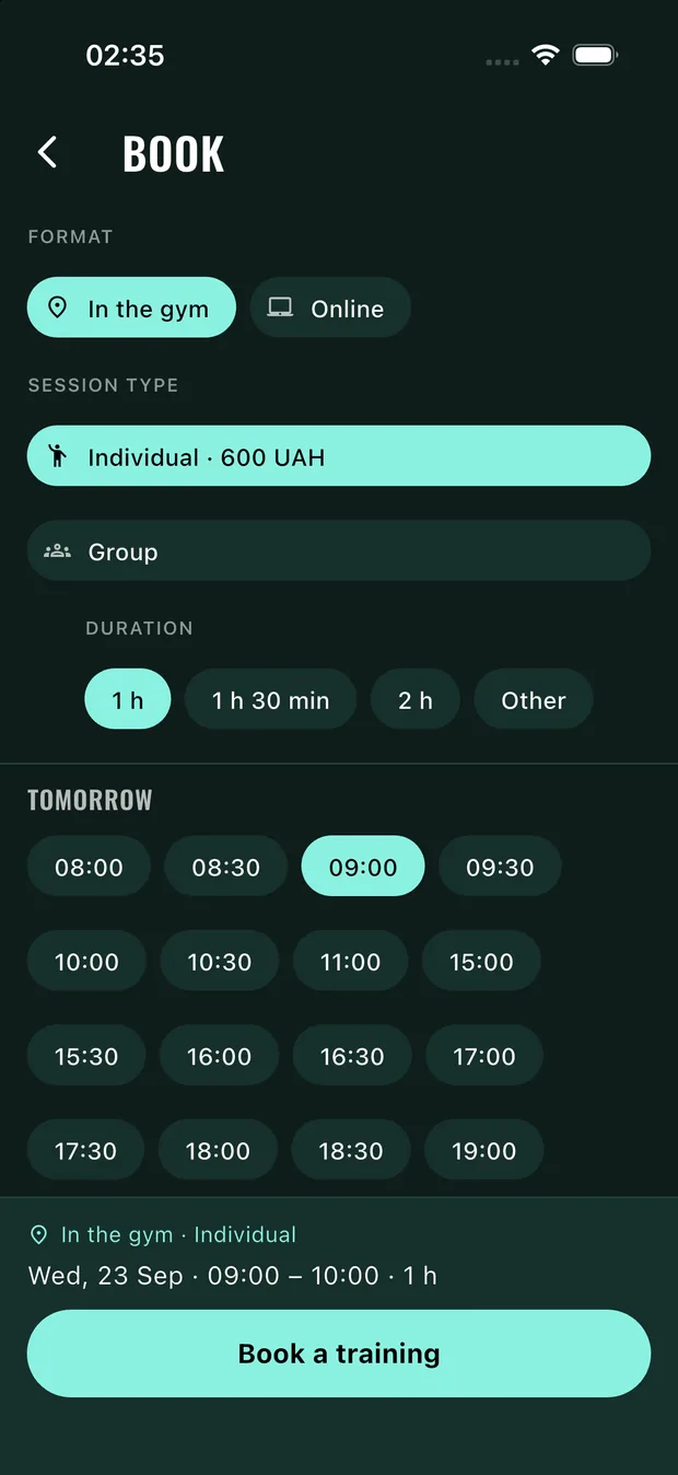 Choosing a session time from the trainer's free hours